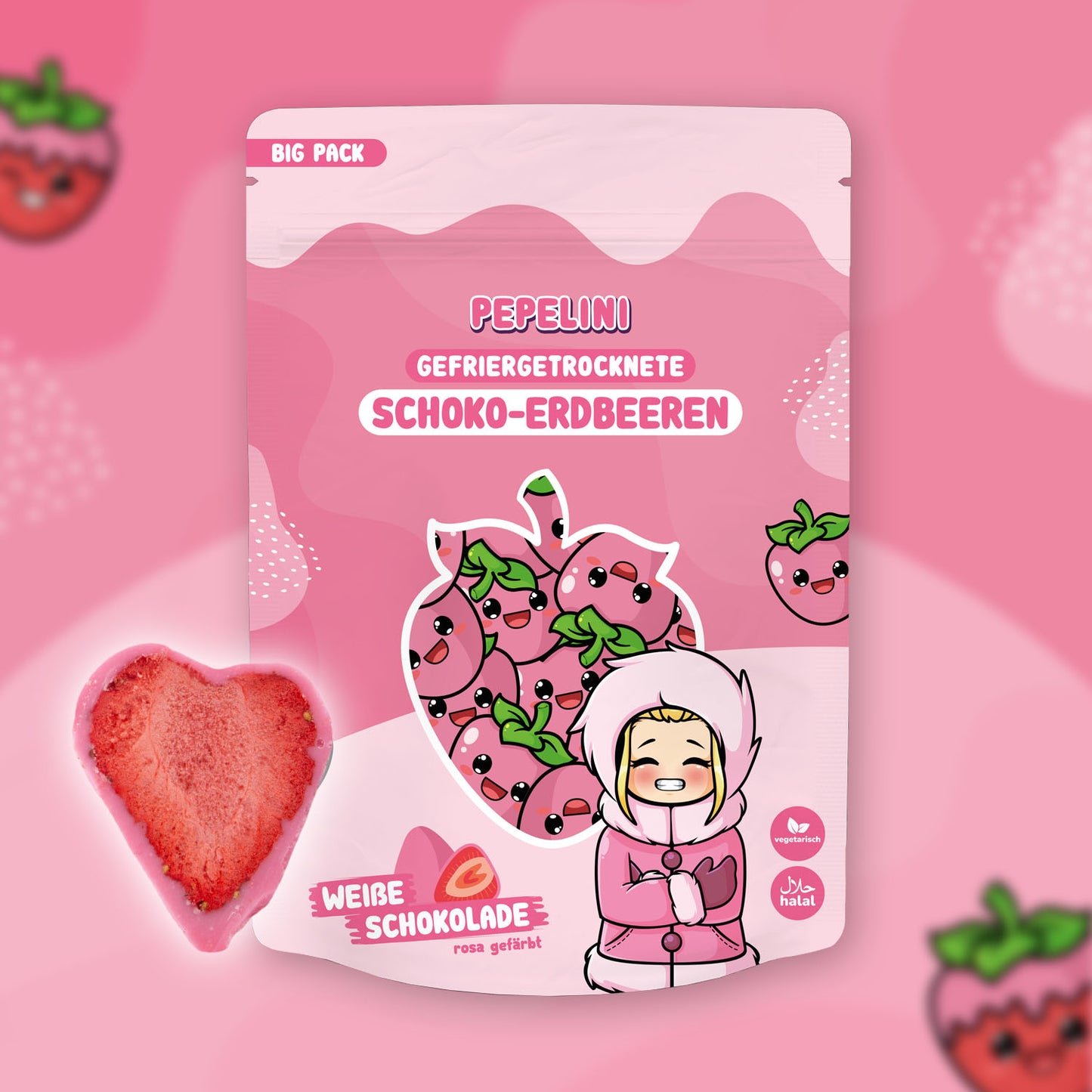 PEPELINI Gefriergetrocknete Schoko-Erdbeeren - Weiße Schokolade (rosa gefärbt) 300g BIG PACK